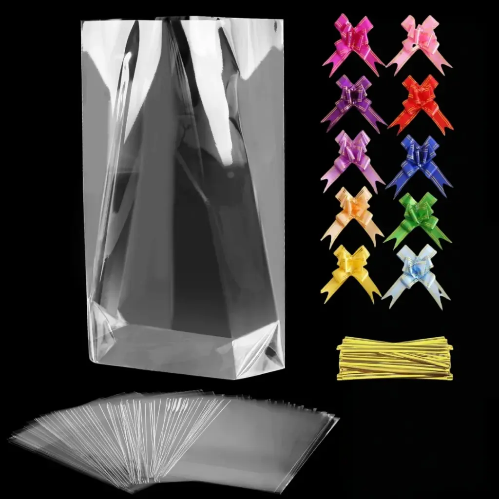 10/30/50Pcs Flat Bottom Gusset Panel Transparent Gift Bag, Gift Bag with Bow/Kink Tie, Birthday, Party, Halloween, Christmas