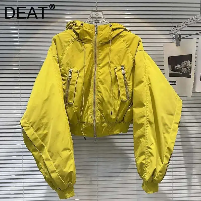 DEAT 2024 Winter New Arrival Metal Zipper Hooded Cotton-padded Jacket For Women Loose Zipper Warm Short Coat Female 11A01520