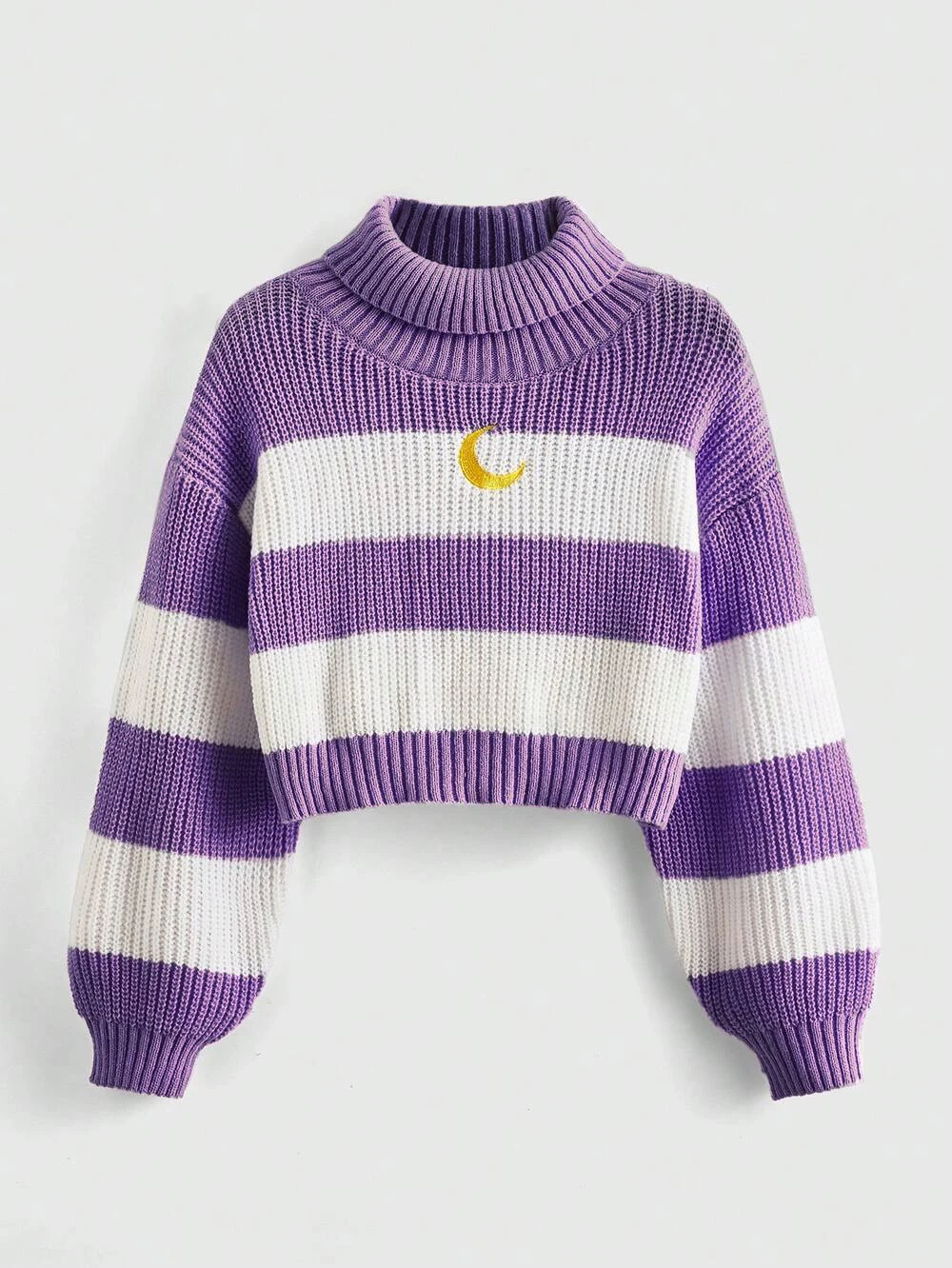 Women's Cropped Turtleneck Sweater Purple White Striped Gold Moon Embroidered Knit Top Fashionable Warm Clothing