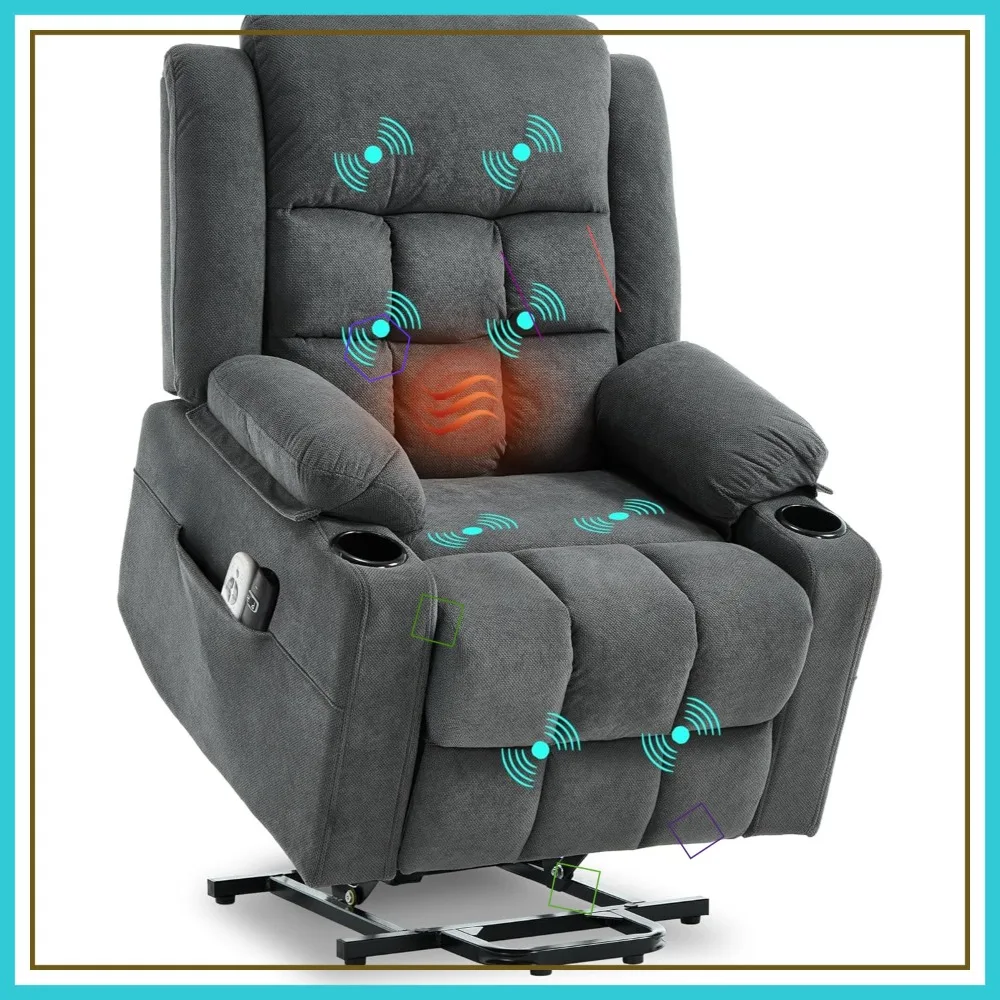 Electric Lift Recliner Chair with Massage & Heat, USB/Type-C Ports, Cup Holders for Elderly - Dark Grey