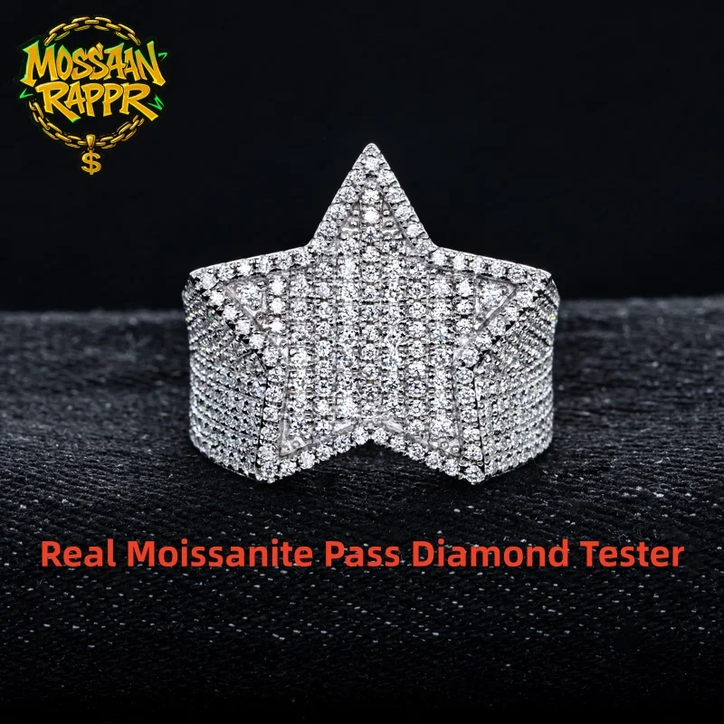 MossanRappr 1.54cttw New Moissanite Iced out Pentagram Ring 14K Gold Plated Hip Hop Ring Heavy Metal Fine Jewelry Gifts for Men