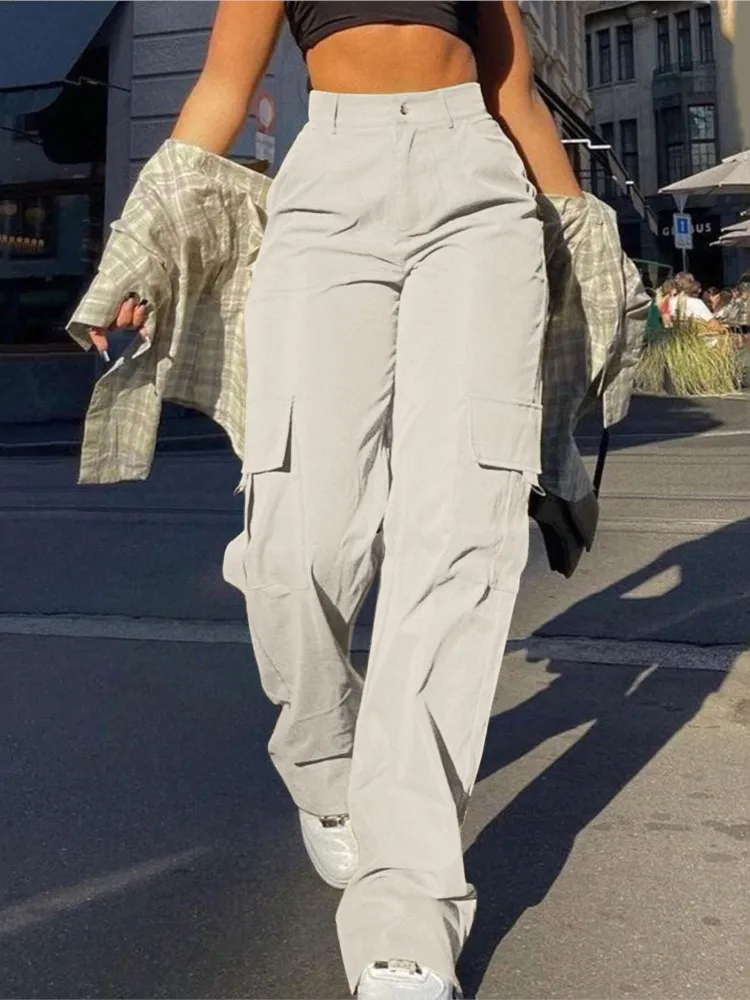 Women's Loose Cargo Pants High Waist Wide Leg Solid Color Full Length Trousers With Pockets Casual All Seasons Long Pantalones