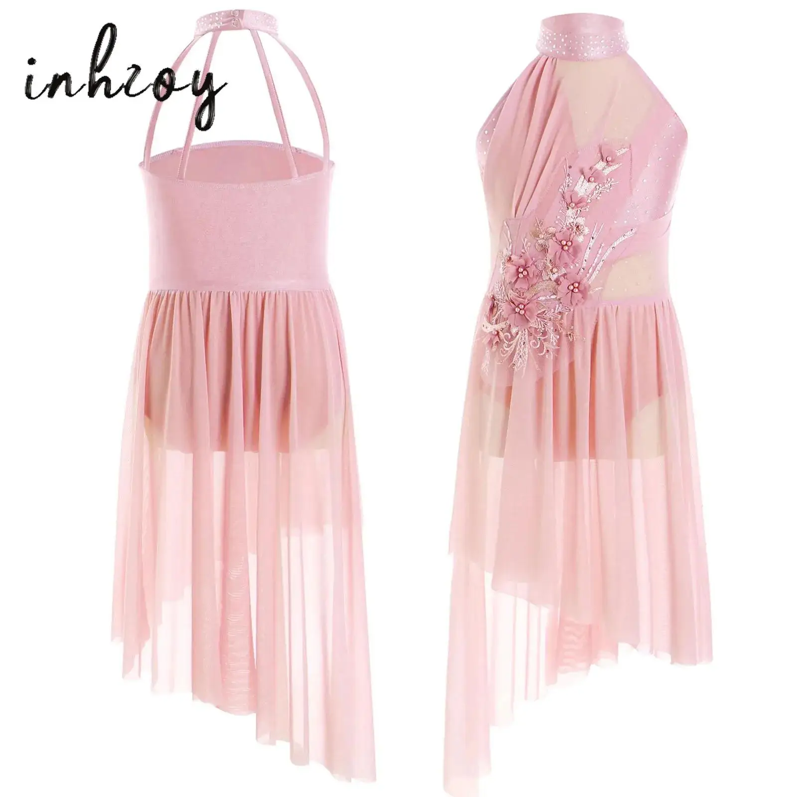 Kids Girls Ballet Dress Applique Sleeveless Irregular Mesh Tulle Lyrical Dance Costume Contemporary Leotard Dress Dancewear