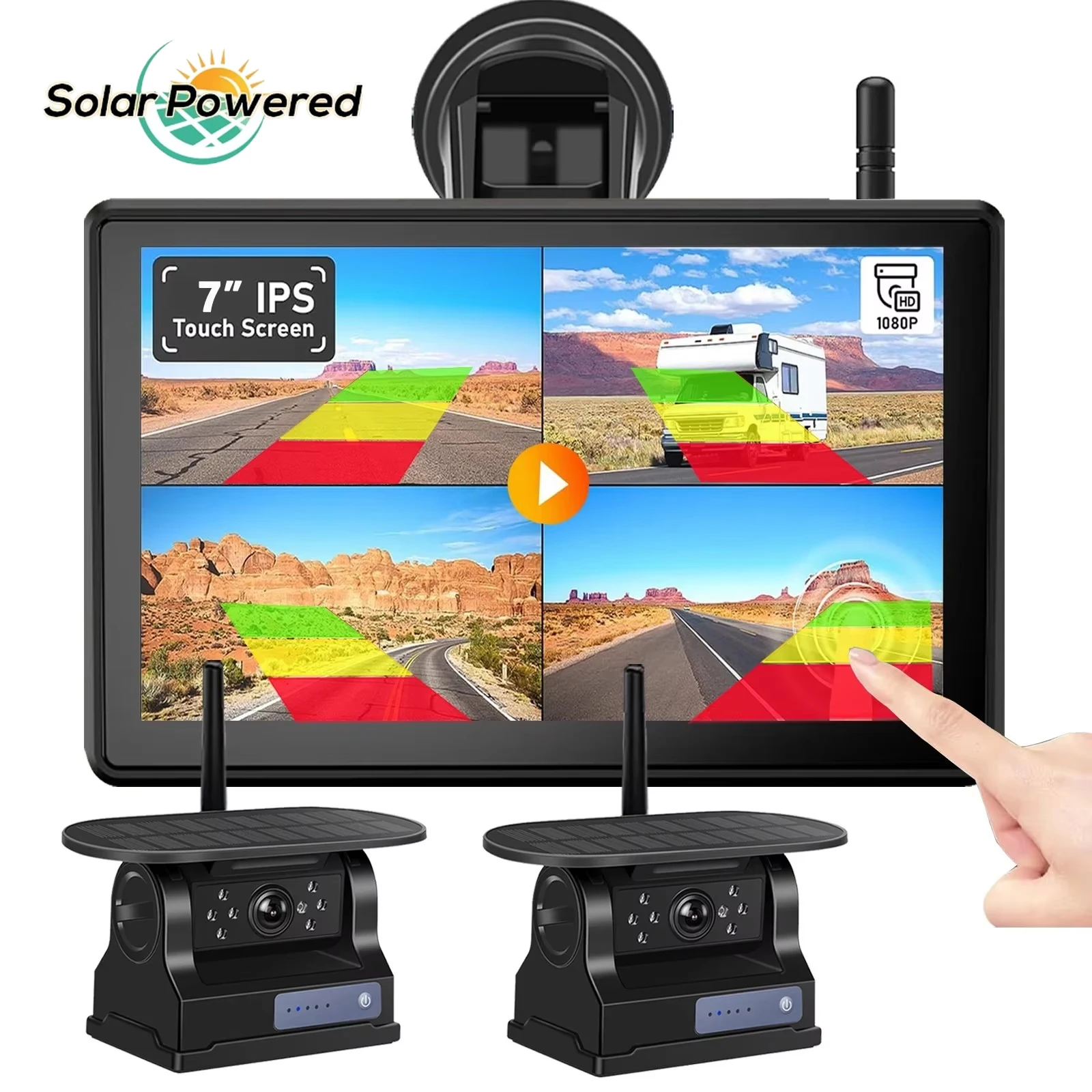 iPoster 1/2x Wireless Solar Backup Camera 7" DVR Quad Monitor Loop Recording BSD AI Detection For Truck Camper Caravan Rv