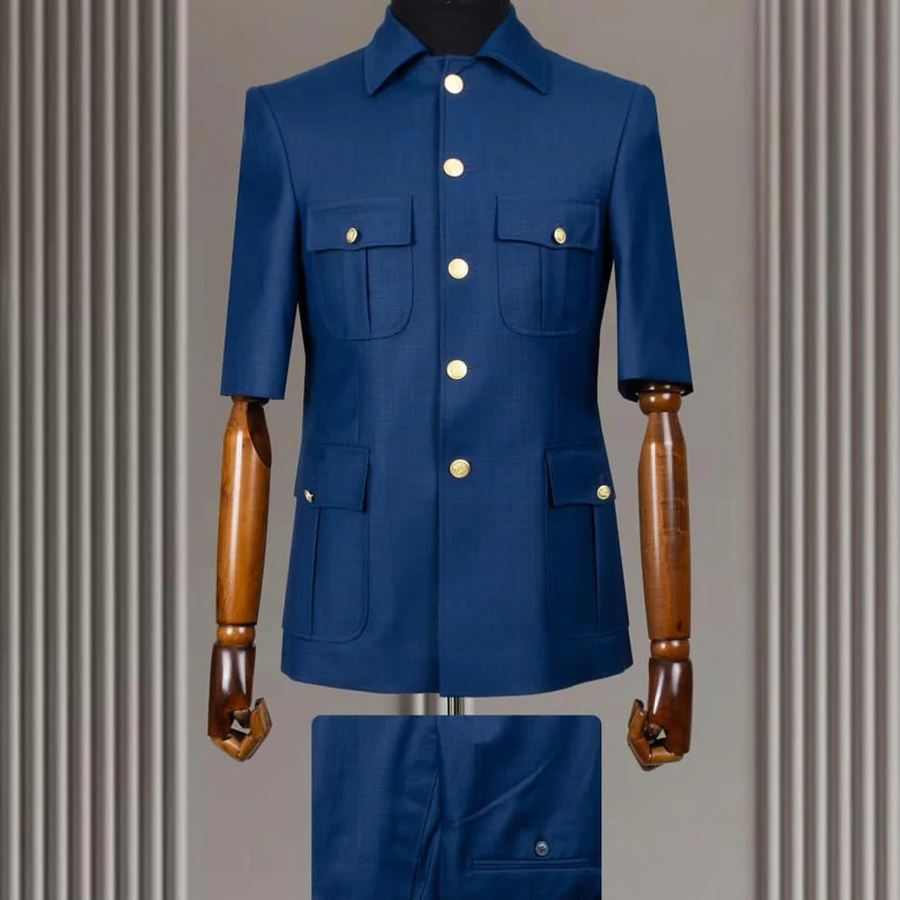 New Arrival 2 Piece Lapel Short Sleeves with 4 Real Pockets Single Breasted Slim Fit Summer Suits For Weddding(Blazer+Pants)