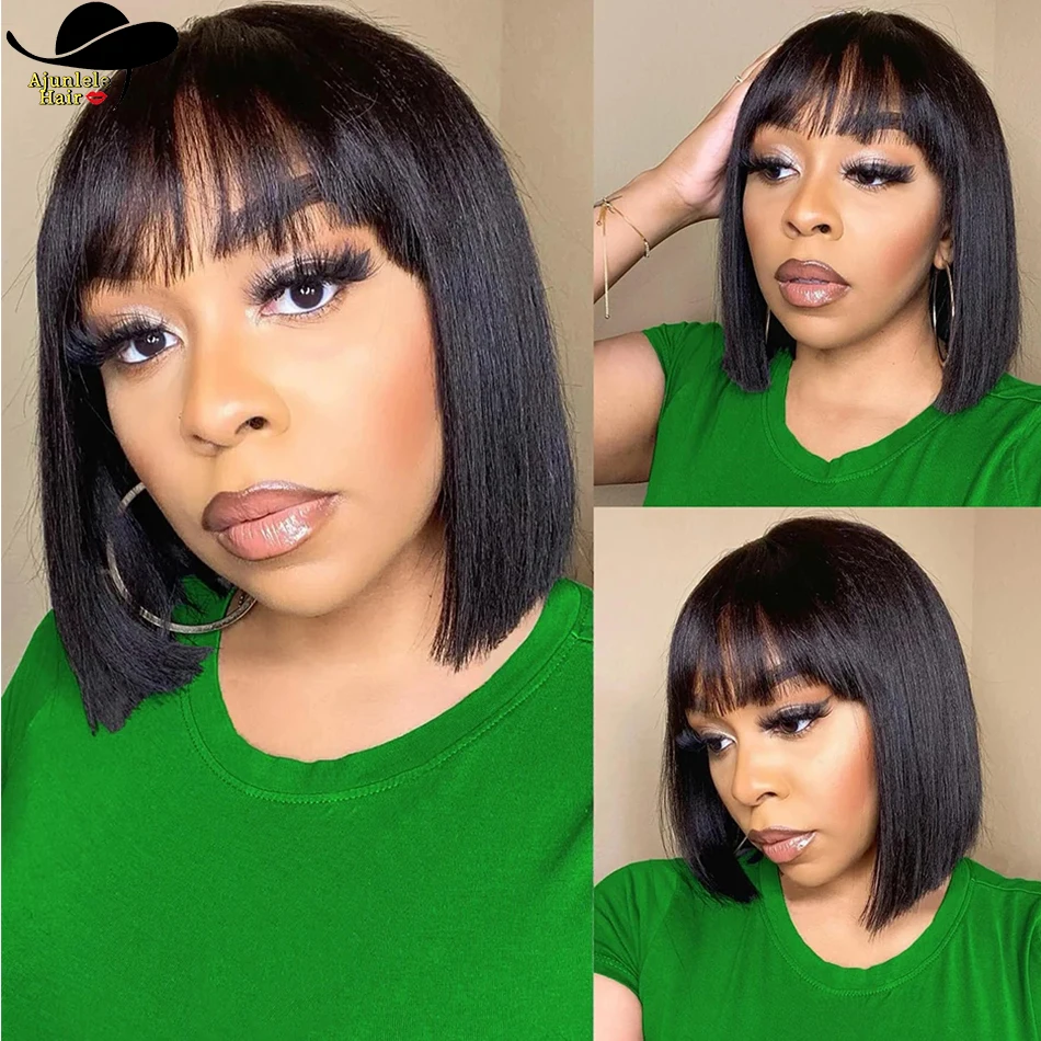 Indian Human Hair Straight Bob Virgin Hair Wig With Bangs Short 180% density Natual Color Full Machine Made None Lace Hair Wig