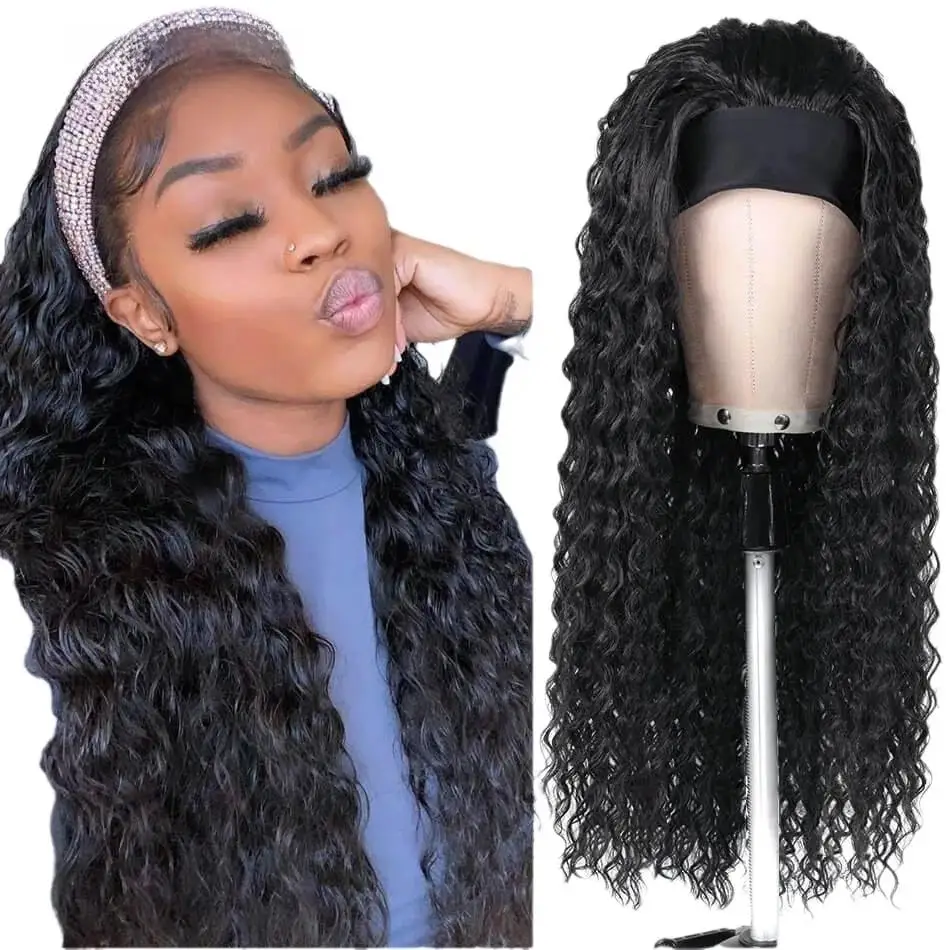 G&T Synthetic Wig Headband Wigs for Black Women Wet and Wavy Curly Glueless Heat Resistant Long Wigs for Daily Party (24inch)