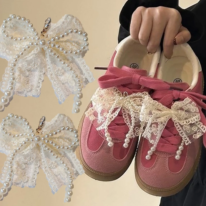 Fashion Lace Pearl Bow Shoelace Buckle Sneakers Decorative Charm Shoe Flower Buckle Women's Bag Pendant Bow Key Chain Accessorie