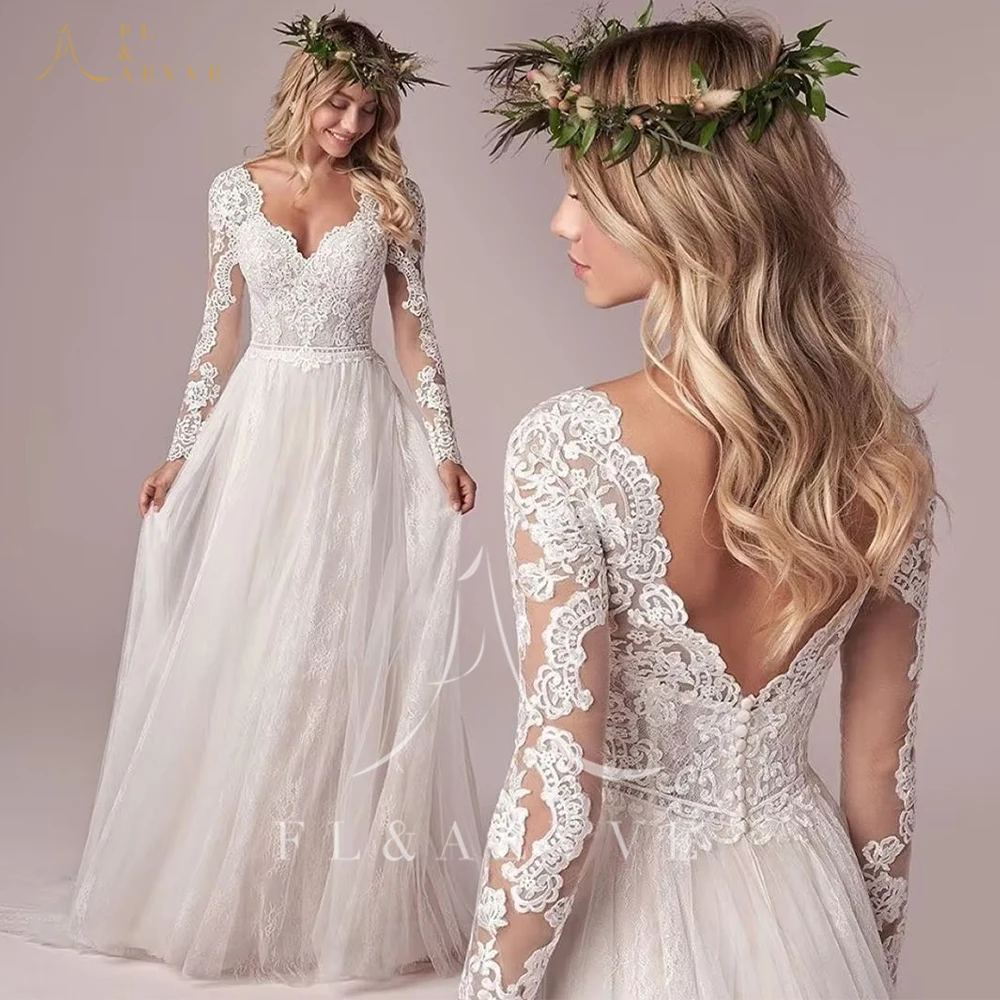 FL&AEVVE Customized Boho Long Sleeve Wedding Dresses V-Neck Illusion Lace Appliques Bride Gown Court Train Wedding Party Gown