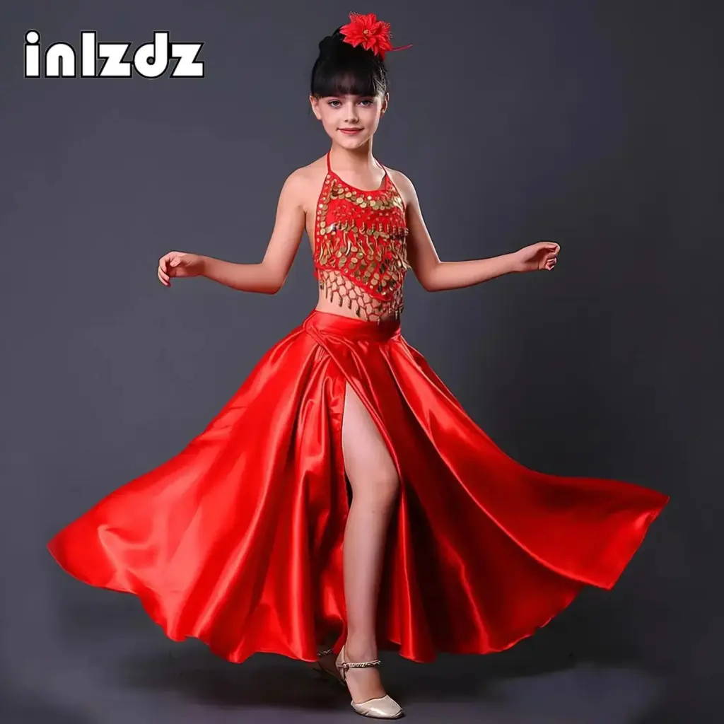Girls Satin Spanish Flamenco Dancer Costume Childrens April Sevilla Performances Dance Outfit Bullfight Gypsy Dance Long Skirt