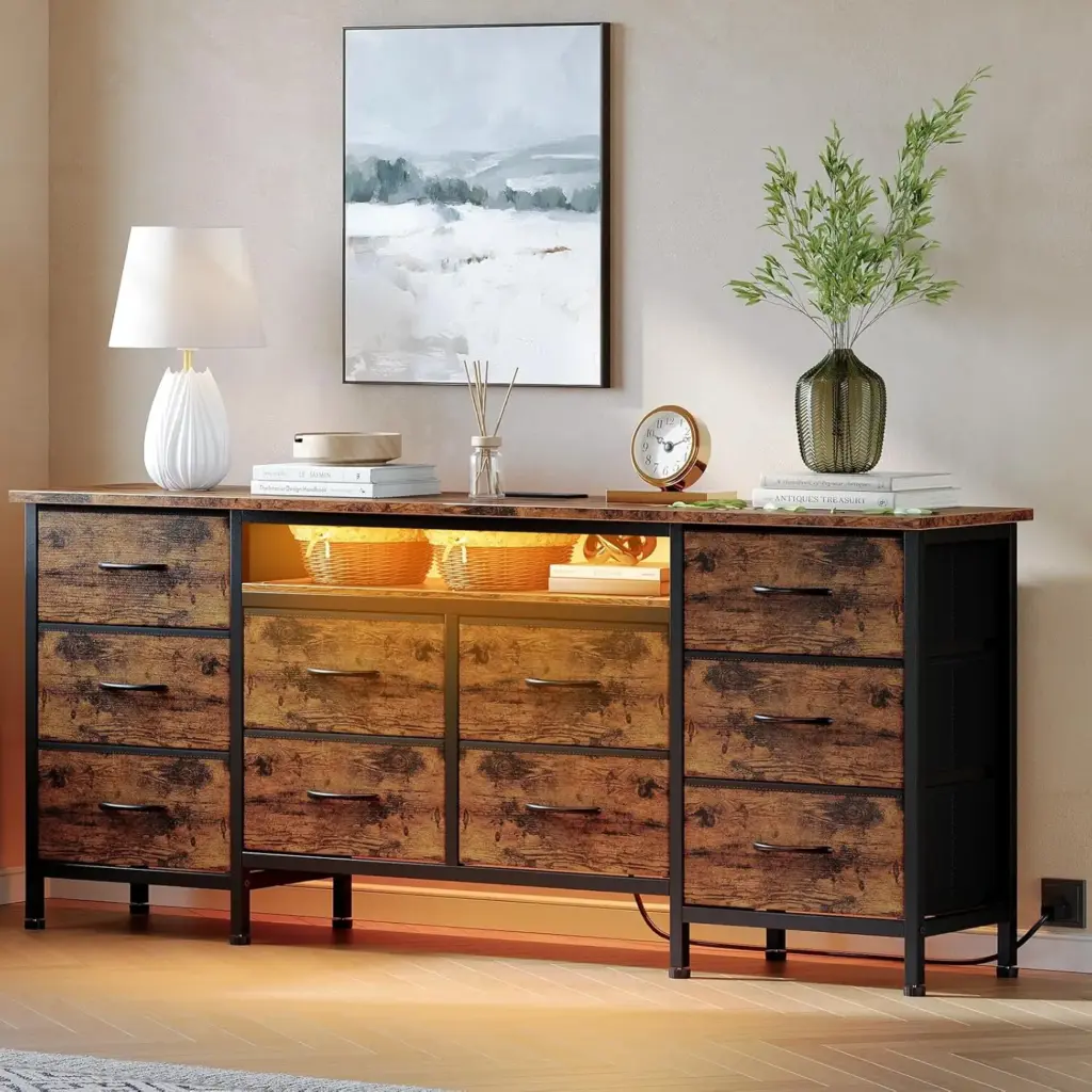 TV Stand for 65/70/75" TV, 10 Drawer Dresser with Power Outlets and LED Lights, Entertainment Center TV Stand Storage Drawers