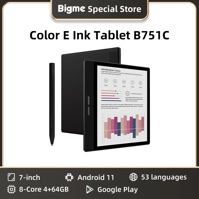 BIGME B751C Ebook Reader, 7 inch Color E-ink Screen Tablet, Portable Electronic Book ereader, Android 11 OS, support Google Play