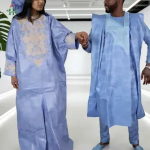 African For Men Women Agbada Couple Traditional Muslim Ramadan Embroidery Wedding Party Thobe Bazin Riche Outfits Blue Robe Suit