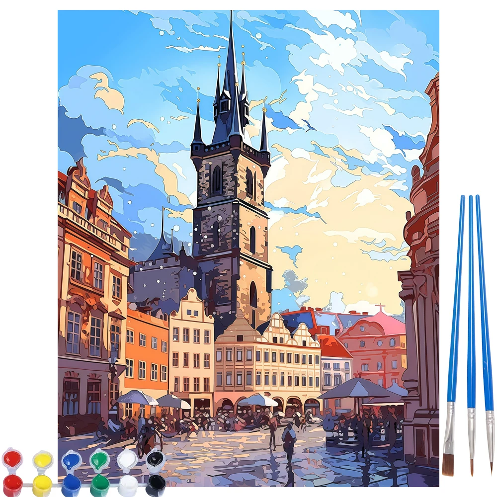 Vibrant Town Square DIY Paint by Numbers - Stylized Sky Church Street Art for Family Activities, Halloween & Thanksgiving Gift