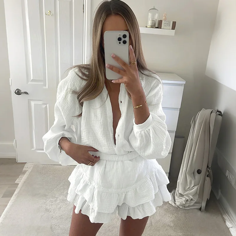 Ticketsx Fashion Shirt Shorts Set White Loose Button Shirt Ruffled Short Sets Spring Summer New Casual Commuter Women's Clothing
