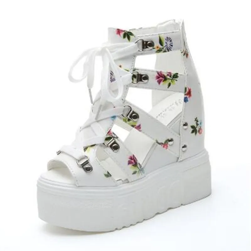 2025 Hot Print Leisure Wedges Women Shoes Summer Women Peep Toe Sandals Platform Shoelaces High Heels Casual Shoes Woman Sandals