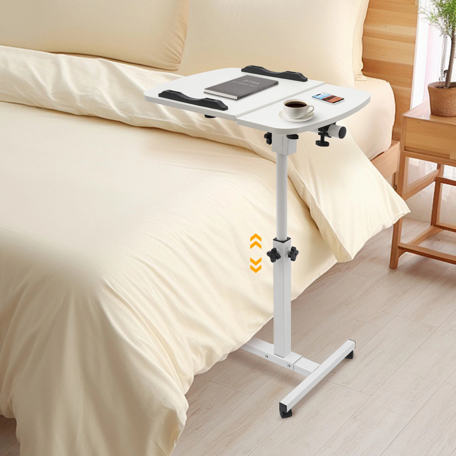 Adjustable White Laptop Table Stand with Lockable Wheels Portable Height Tilt for Home Office Bedroom Space Saving