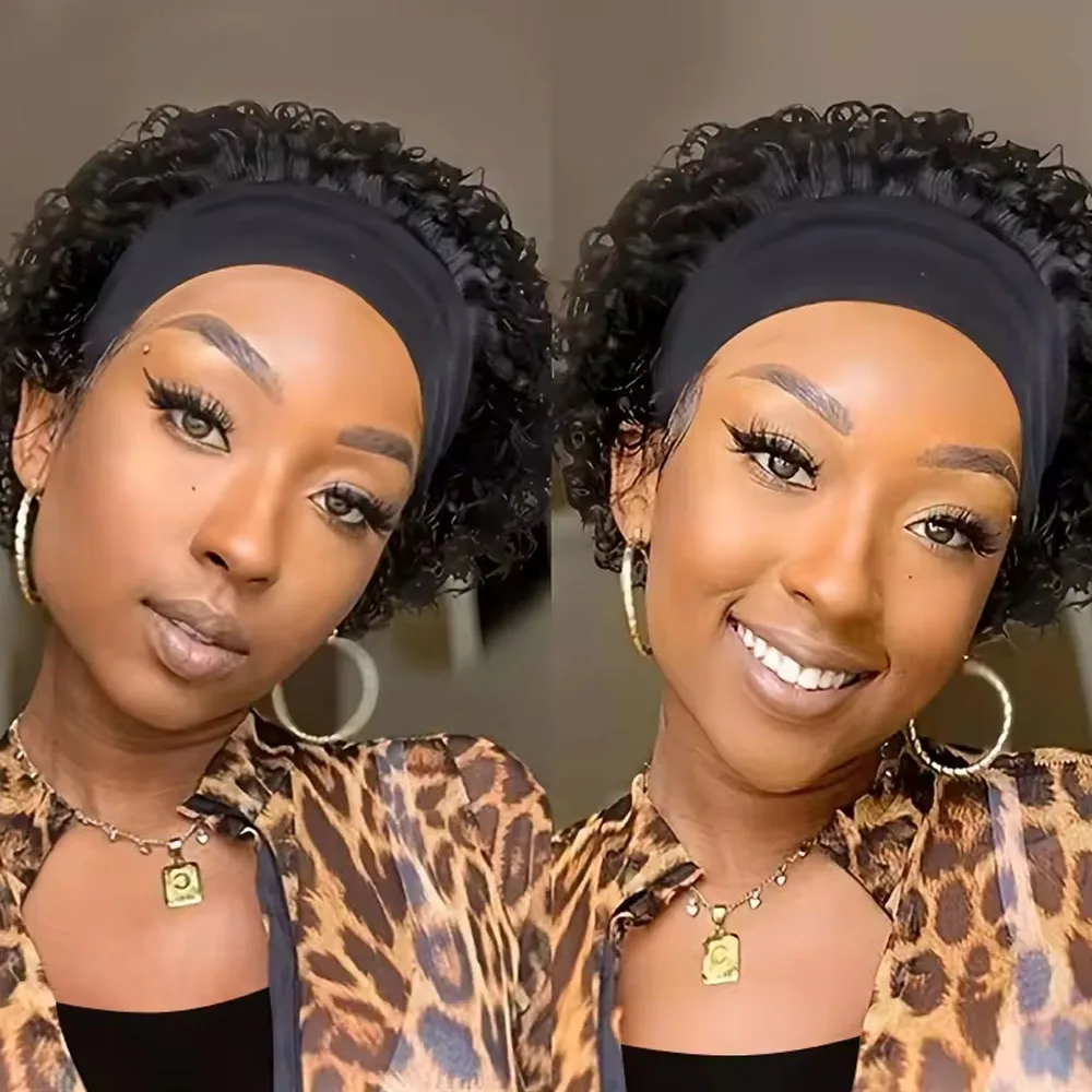 Headband Wig Human Hair Curly Hair Wig Short Hair Wigs for Women Pixie Cut machine made Human Hair Wig Black Wig African Style