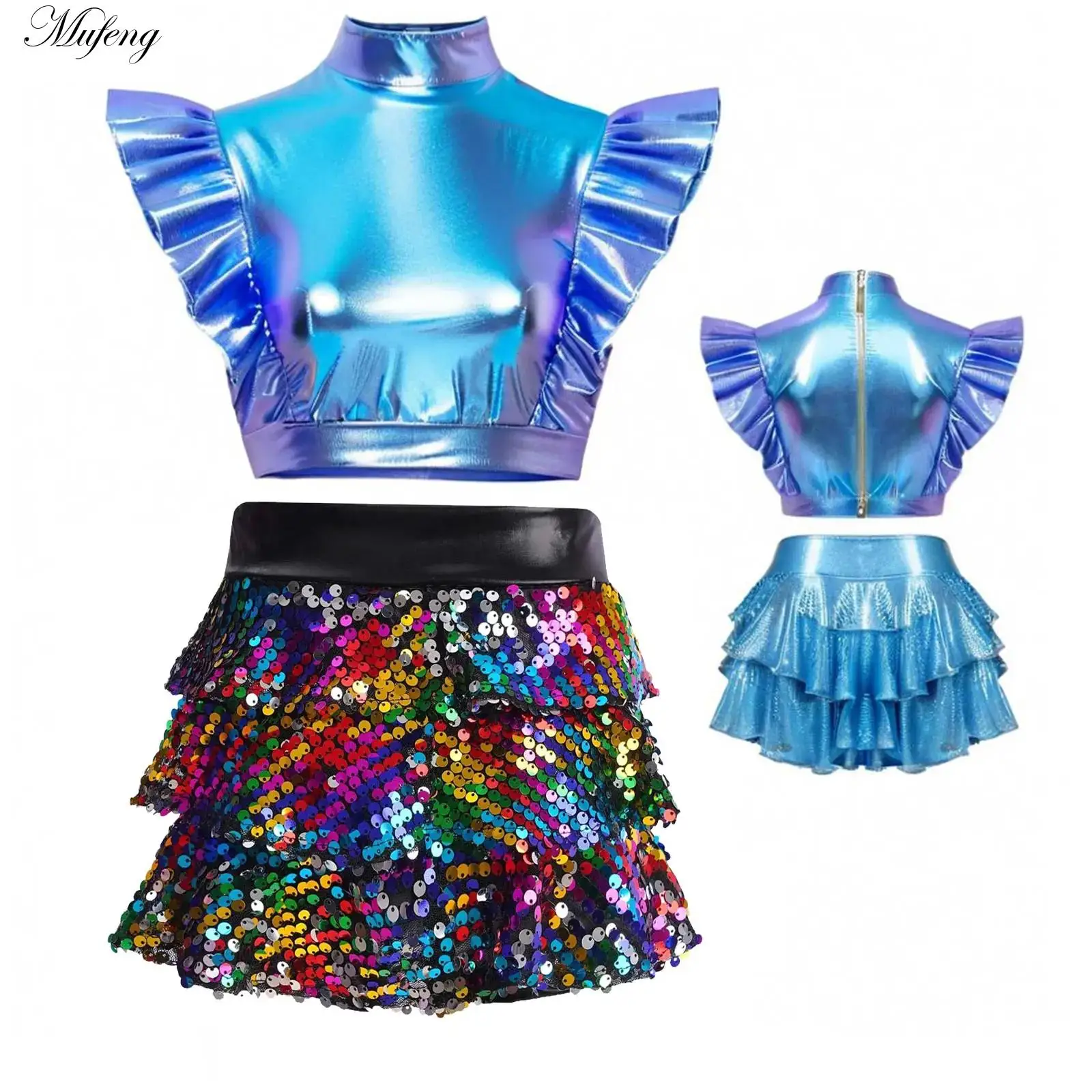 Girl Streetwear Cheerleading Jazz Hip-hop Dance Outfit Sleeveless Metallic Holographic Crop Top with Sequin Tiered Skirt Set