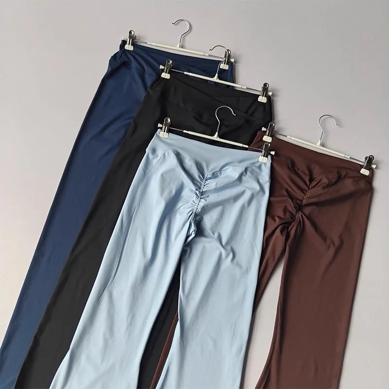 High Waist Pleated Wide Leg Pants for Women Autumn Cross Sexy Peach Hip Micro Flared Yoga Breathable Outdoor Fitness Trousers