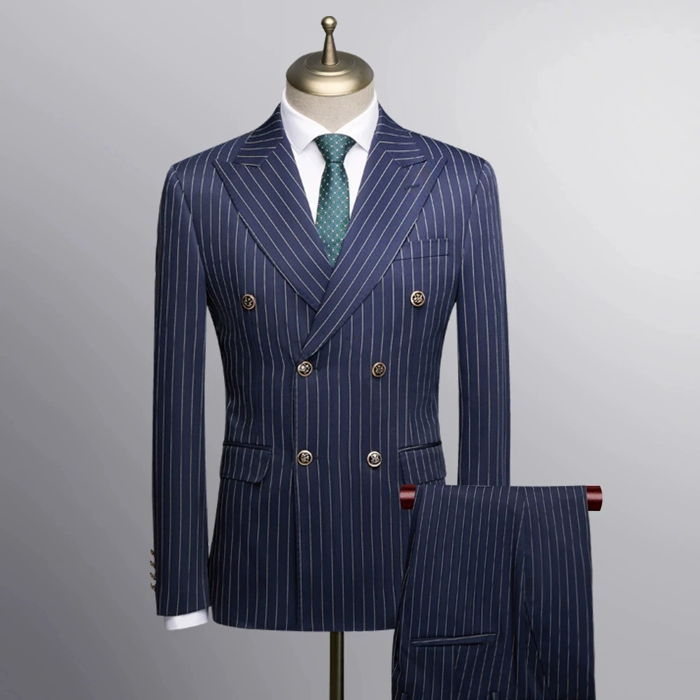 Fashion Men Double Breasted Striped Suit 2 Piece Black / Wine Red/Blue/Green Homme Business Social Wedding Party Blazers and Tro