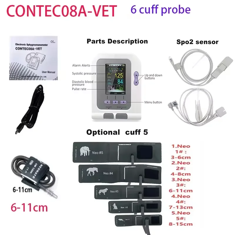 For use in cats and dogs; CONTEC08A veterinary blood pressure monitor, can be used with a blood oxygen probe if desired