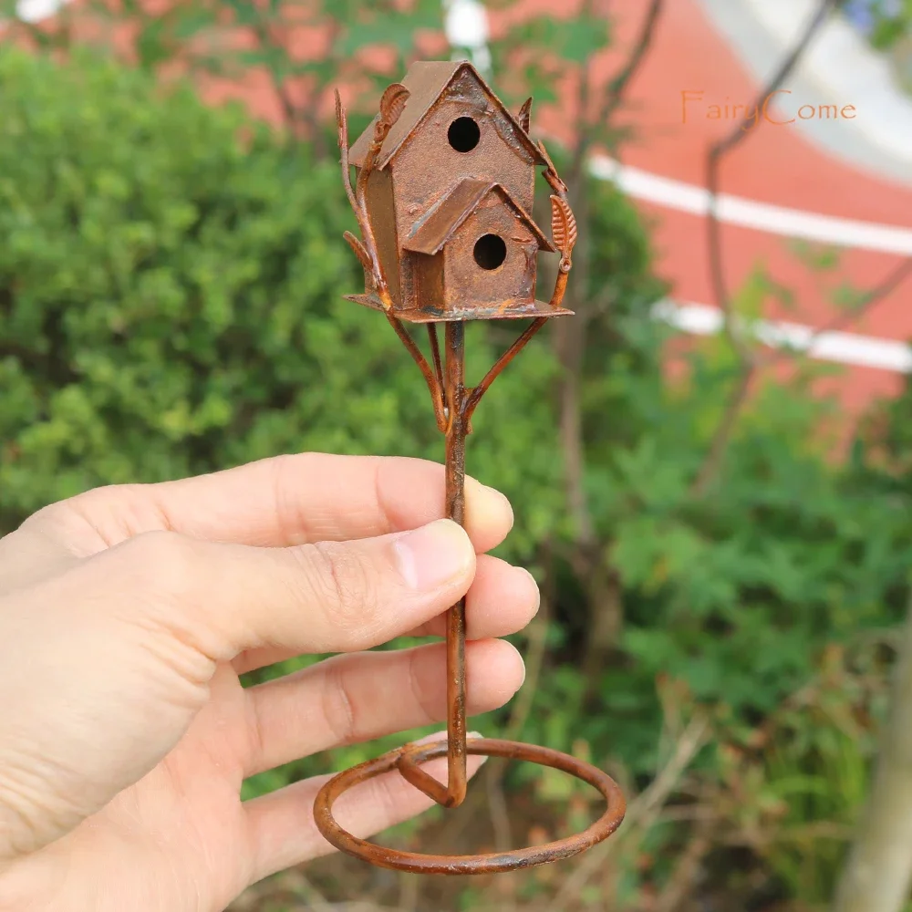 Fairy Garden Miniature Bird House Metal Rusty Mini Cottage Double Birdhouse Garden Items Home Decor Ornaments