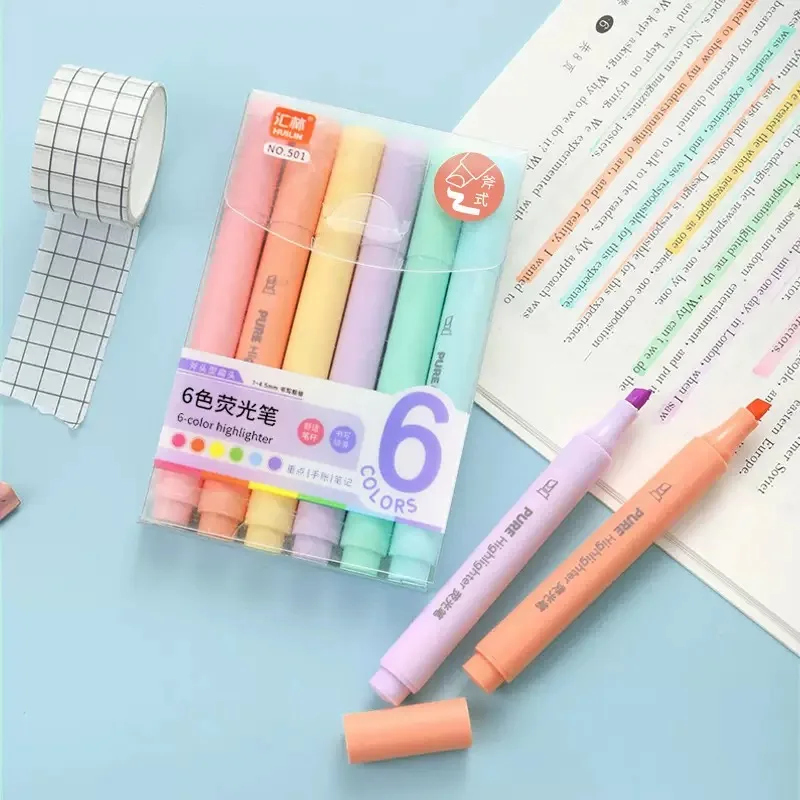 6Pcs/set Pastel Color Macaron Highlighter Pen Marker Pens Fluorescent Pen Drawing Highlighters Cute Stationery School Supplies