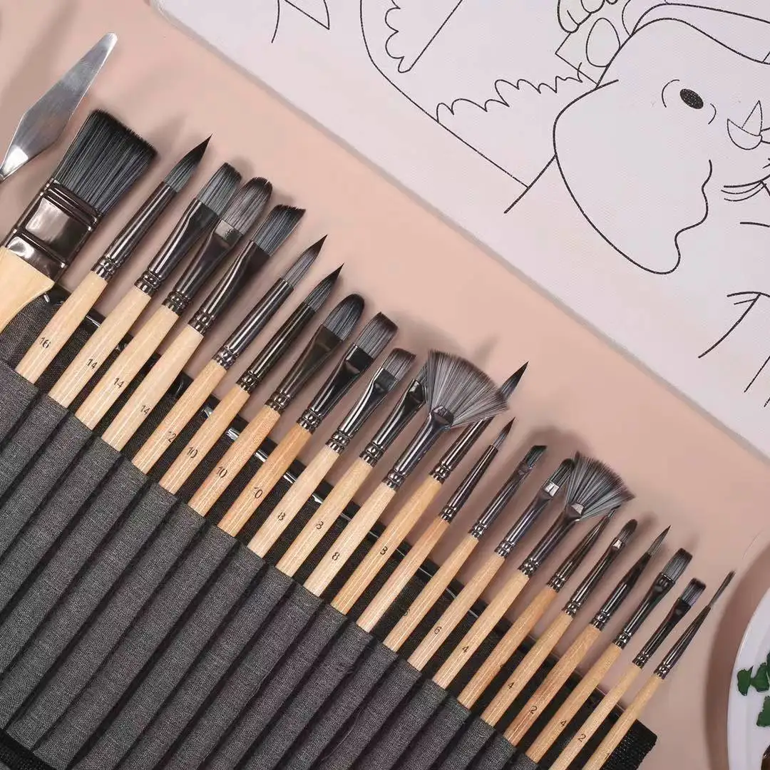 24 Piece High-quality Nylon Hair Birch Short Rod Artist Paint Brush Set Applicable To Watercolor and Acrylic Painting Art Supply