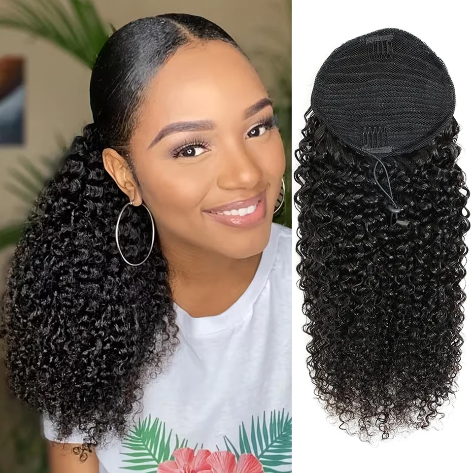 Kinky Curly Drawstring Ponytail 100% Real Human Hair Extensions Brazilian Natural Black Hairpiece With Clip Ins Pony Tail