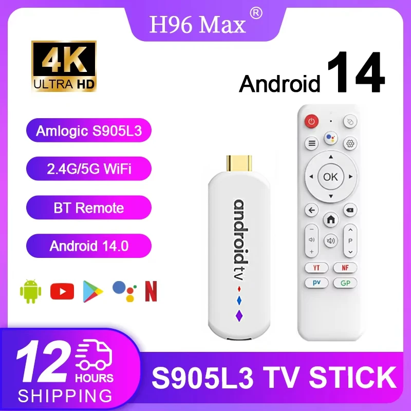 H96 MAX Amlogic S905L3 Androidtv 14.0 4Kx2k@30fps 2.4G/5G Dual WiFi BT4.0+ 100M Ethernet Google Voice Assistant Netflix tvbox