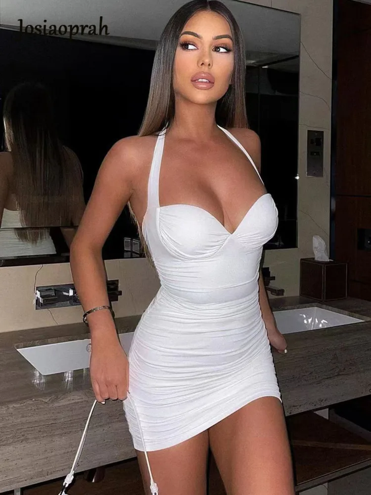 Josiaoprah Sexy Dress Women Halter Sleeveless Double Layer Dress Shiny Hollow Out V Neck Summer Mini Dresses Woman Party Night