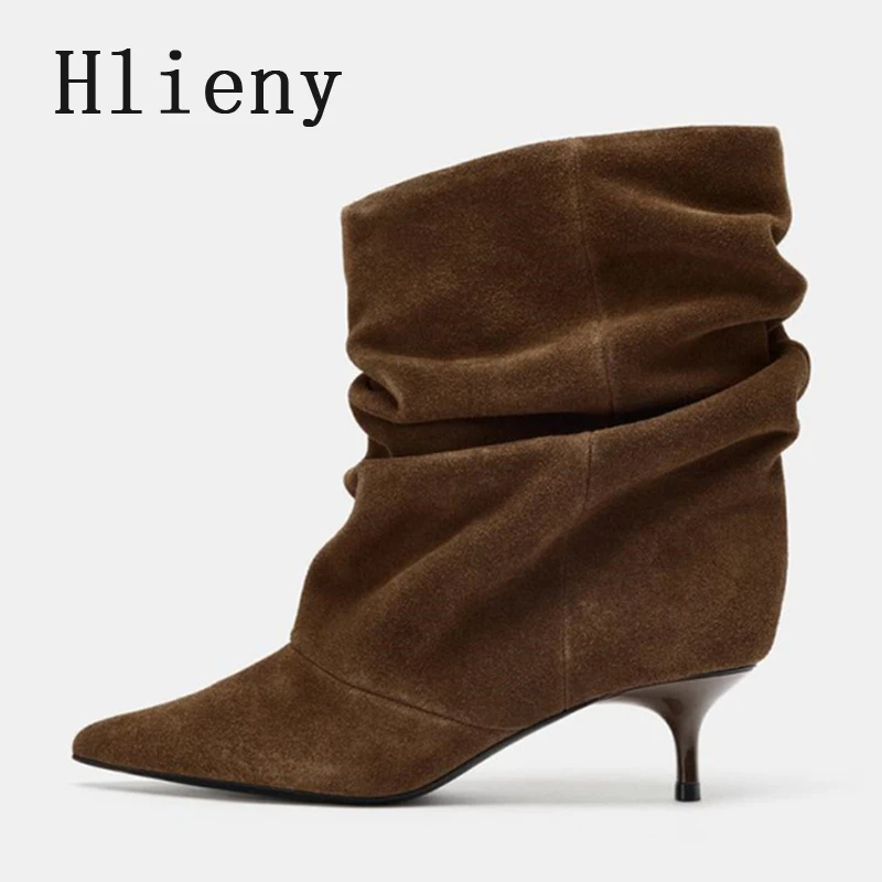 Liyke Winter Pleated Suede Women Shoes Pointed Toe Low Thin Heels Female Brown Retro Elegant Designer Ankle Boots Bottes Femme