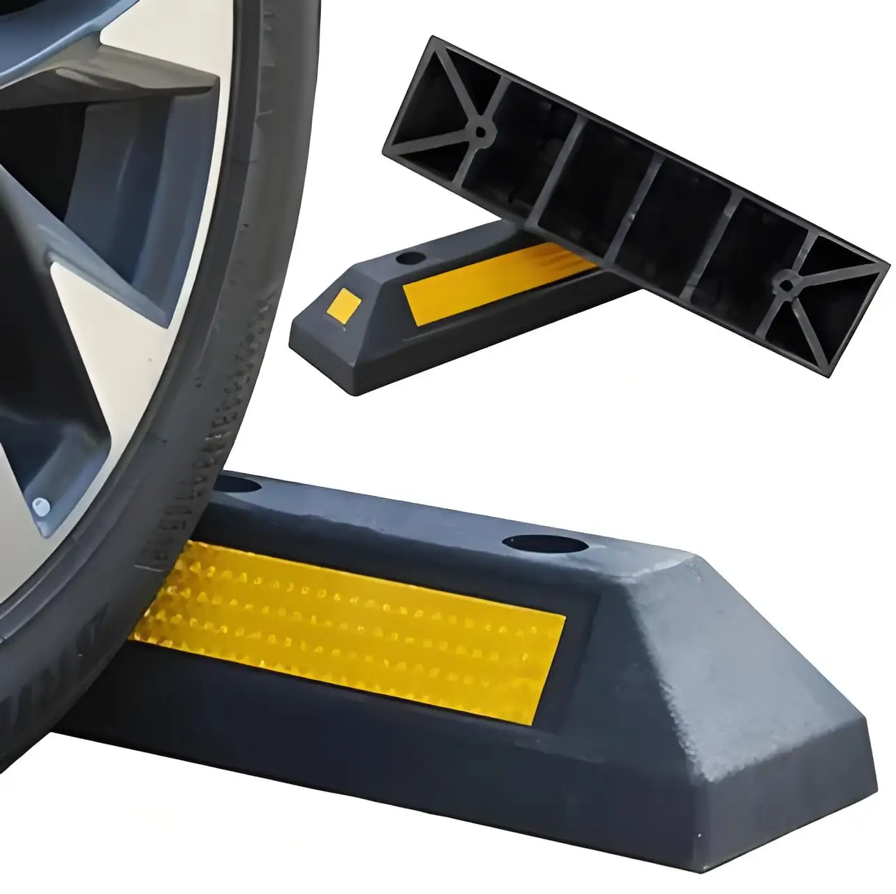 Car Parking Stopper Durable Rubber Wheel Block for Garage with Yellow Safety Strips Universal Fit All Vehicles Easy Install