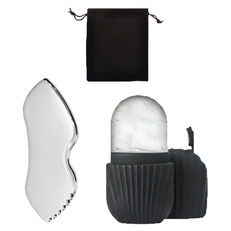 Brand new stainless steel body and face scraping tool three-piece set with cloth bag, face ice pack, lip scraping board