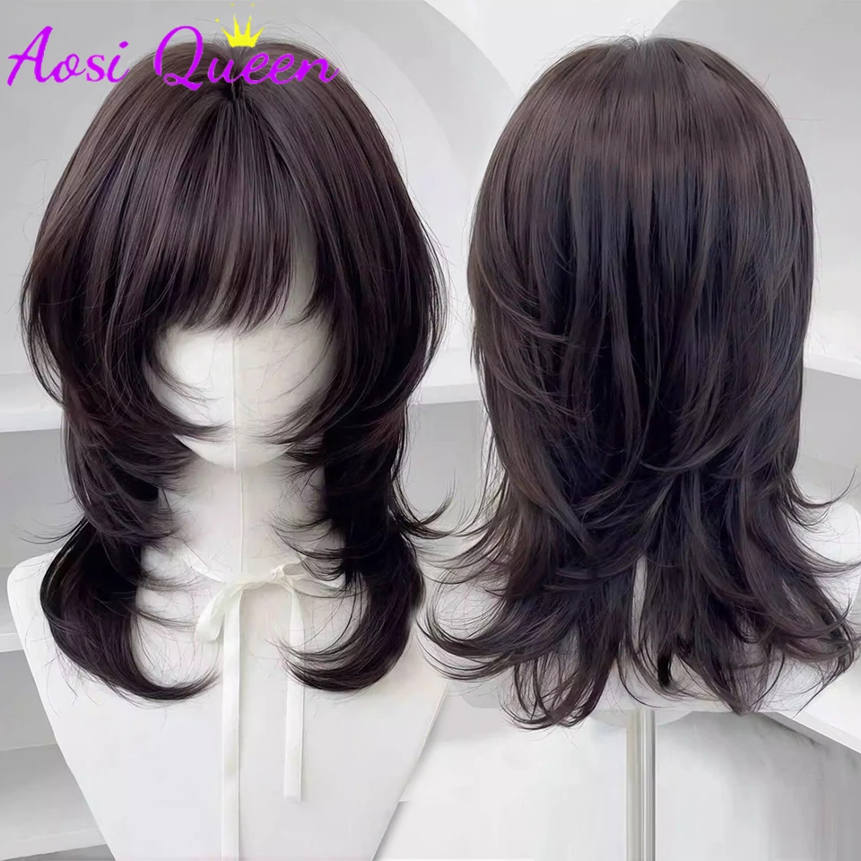 Synthetic Brown Black Medium Straight Jellyfish Wig with Bangs Natural Layered Wig Suitable for Women Daily Party
