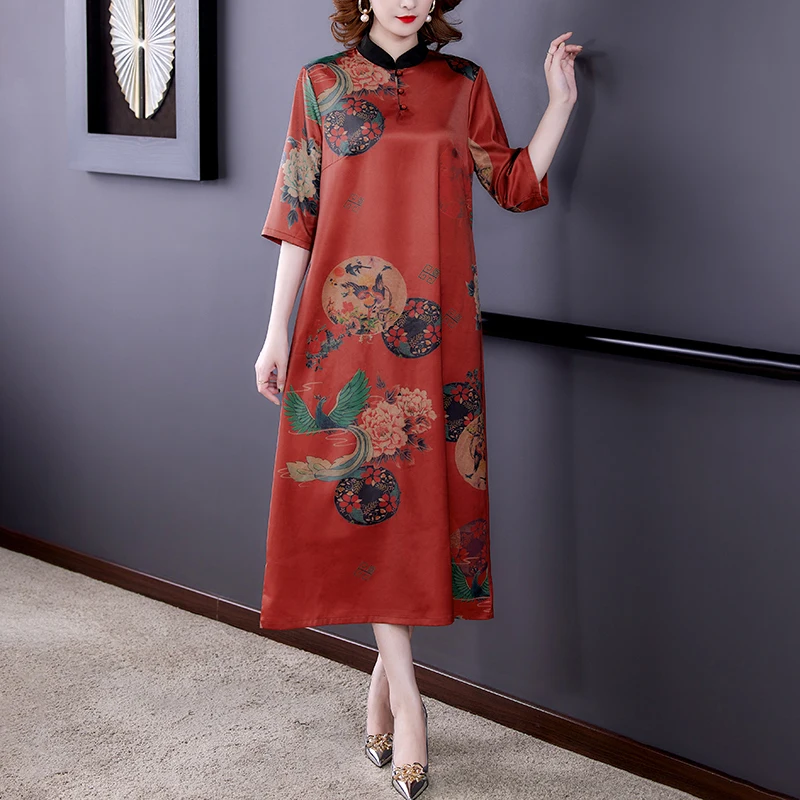 Spring Summer Chinese Natural Silk Satin Midi Dress Women Korean Vintage Casual Party Dress 2025 Elegant Bodycon Evening Dress