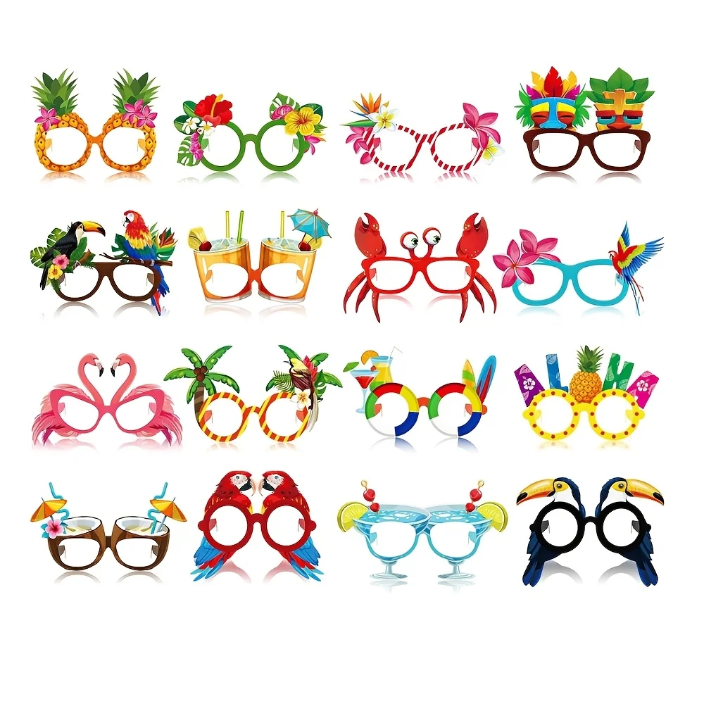 16Pack Beach Pool Party Eyeglasses Decor Summer Luau Paper Glasses Bulk Hawaiian Sunglasses Frame Tropical Pool Props Photo Boot
