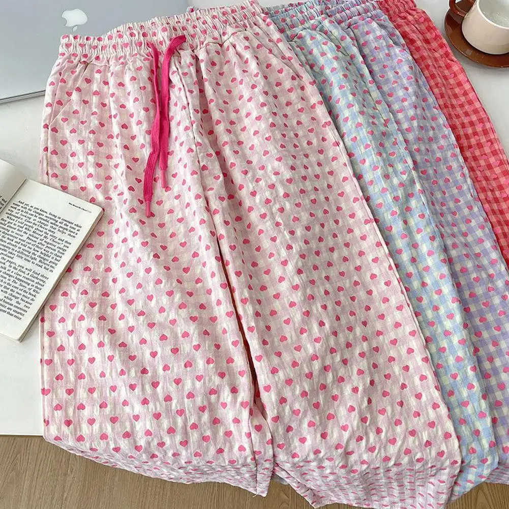Summer Pajama Pants Woman Heart Print Trousers Gauze Home Trousers Casual Simple Ladies Sleeping Pants