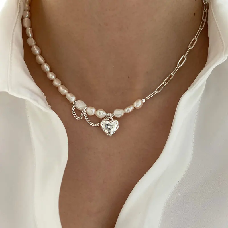 Silver Color Necklace for Women Trendy Elegant Asymmetry Chain Pearls Smooth LOVE Heart Bride Jewelry Lover Gifts