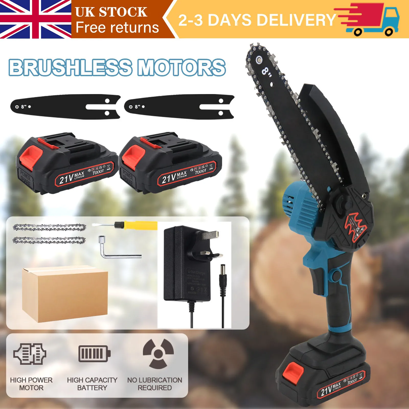 2 Batteries 8'' 4000W Mini Cordless Chainsaw Electric One-Hand Saw Wood Cutter