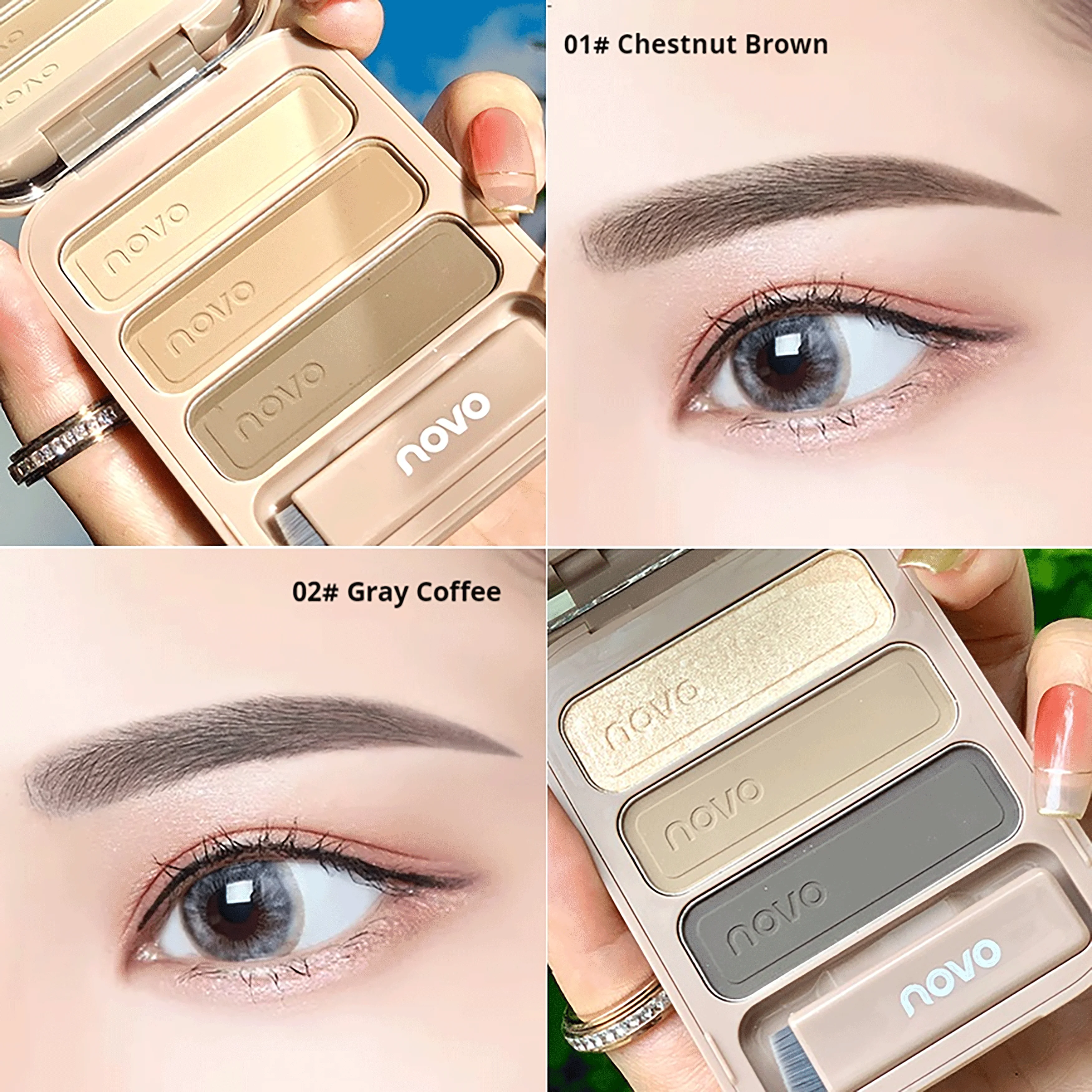 NOVO Waterproof and sweat-resistant natural-looking brows in three shades. Long-lasting brow powder that stays put.