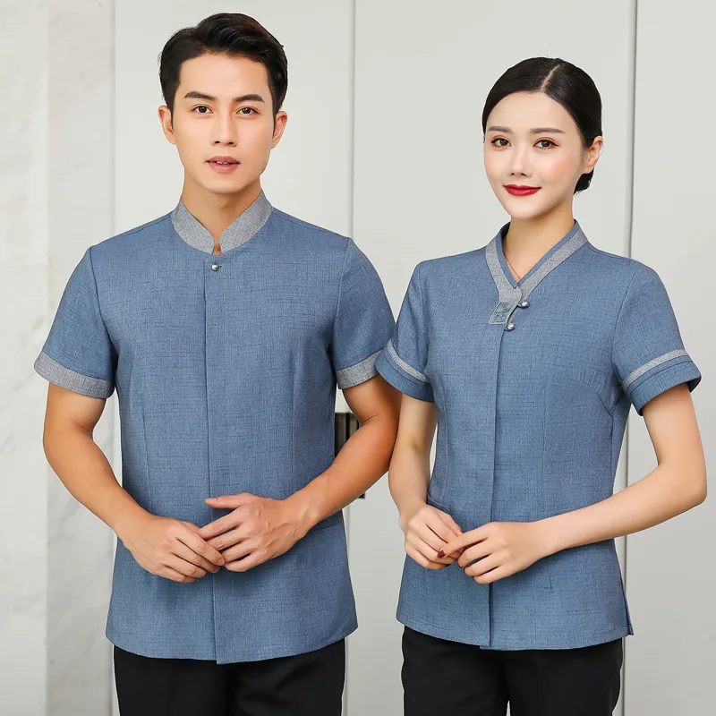 New Summer Cleaning Workwear Short Sleeve Thin Breathable Linen Checkered Hotel Room Attendant Cleaning Uniform