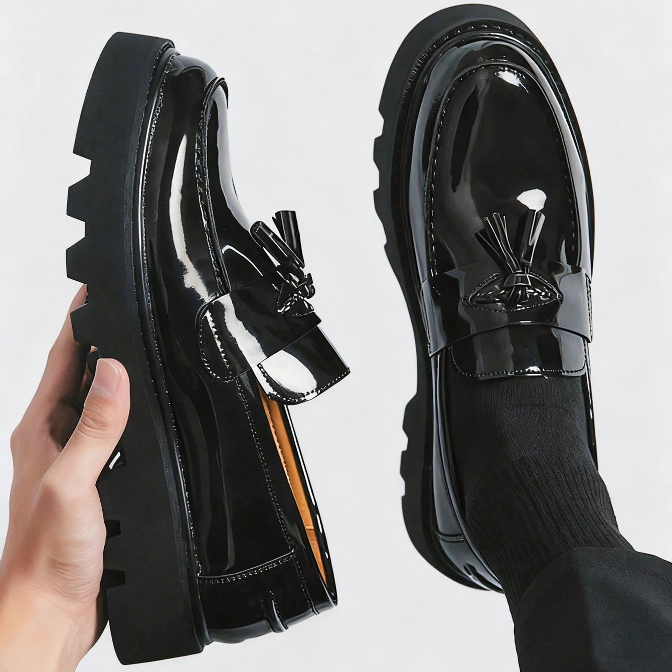 Fashion Classic Thick Sole Men's Penny Loafers Slip-On Business Dress Shoes For Gentleman Glossy Buckle Formal Party Black Shoes