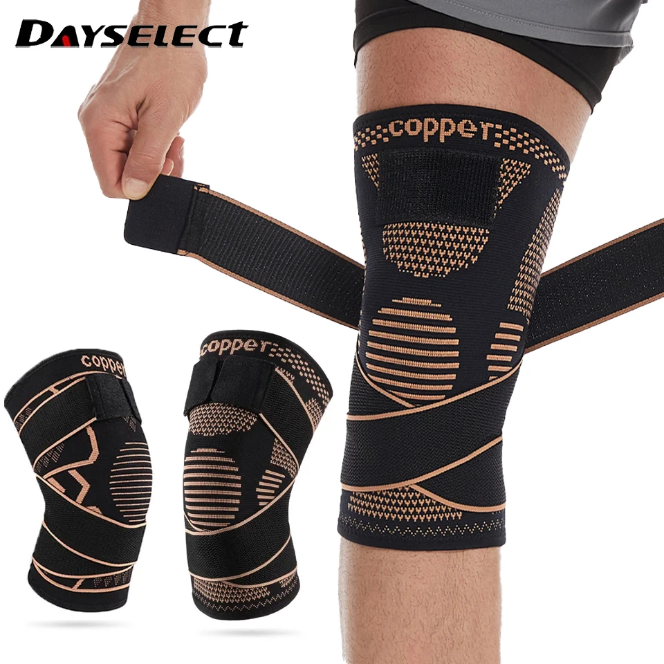1Pcs Knee Support Knitted Nylon Copper Ion X-type Stable Patella Compression With Straps Ligament Strain Knee Pads Men Women