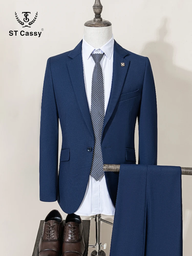 ST Cassy High Quality Men's Suit Slim Fit Solid Color Suit Formal Business Office Single Breasted Coat Pants 2 Pieces Set