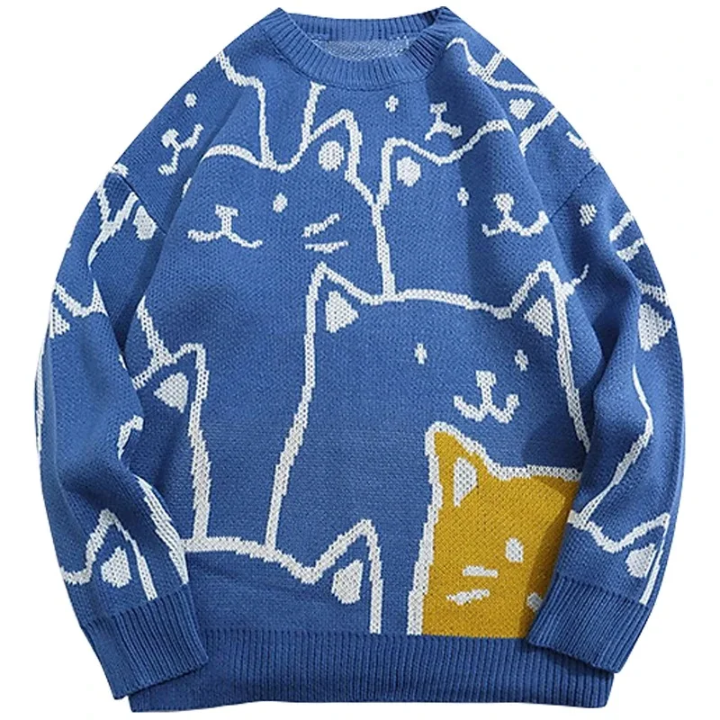 Cartoon Cat Knitted Sweater Men Japanese Retro Harajuku Knitwears Pullover 2023 Winter Women Tops Oversized Vintage Sweater