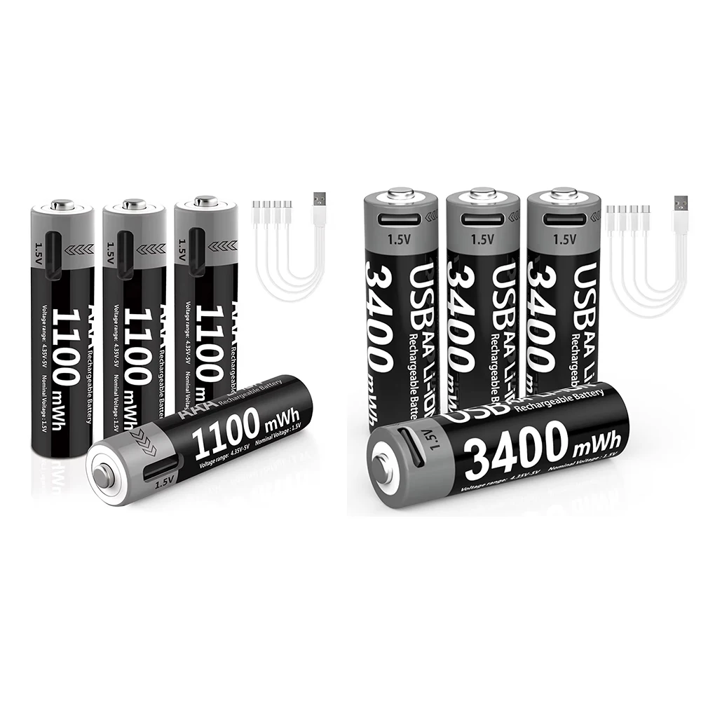 Kuugro Li-ion AAA and AA Rechargeable Batteries USB Lithium-ion 3400mWh 1.5V AA Rechargeable Batteries+1100mWh 1.5V AAA Battery