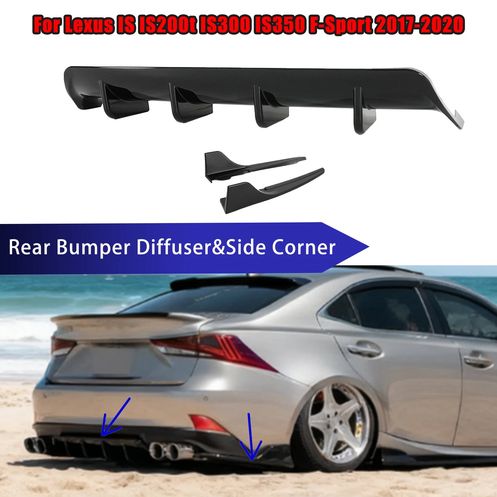 For Lexus IS IS200t IS300 IS350 F-Sport 2017-2020 Car Rear Bumper Diffuser& Side Spats Spoiler Glossy Black ABS Plastic Body Kit