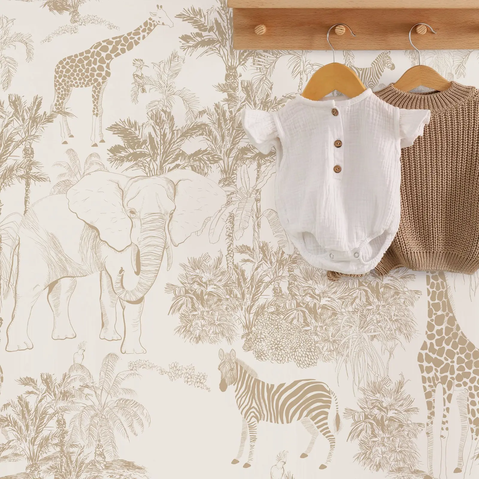 Vintage Safari Animals Peel and Stick Wallpaper,Beige Color Animal Wall Mural For Kid's Room Decor,Self-adhesive Or Traditional